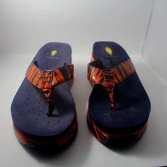 Volatile Auburn Orange & Navy Blue Tiger Stripes Wedge Sandals Sz. 8